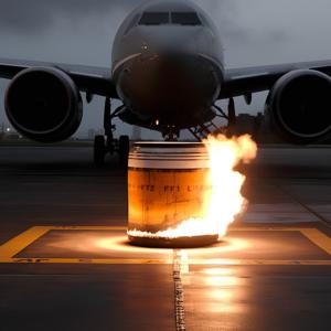 A symbolic image of a burning tank of jet fuel in front of a plane