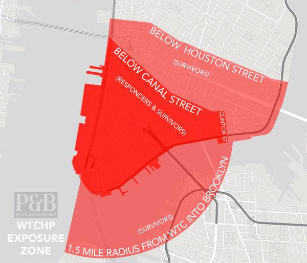 A map of the WTCHP exposure zone from Below Houston Street to Below Canal Street and the 1.5 miles radius from WTC into Brooklyn