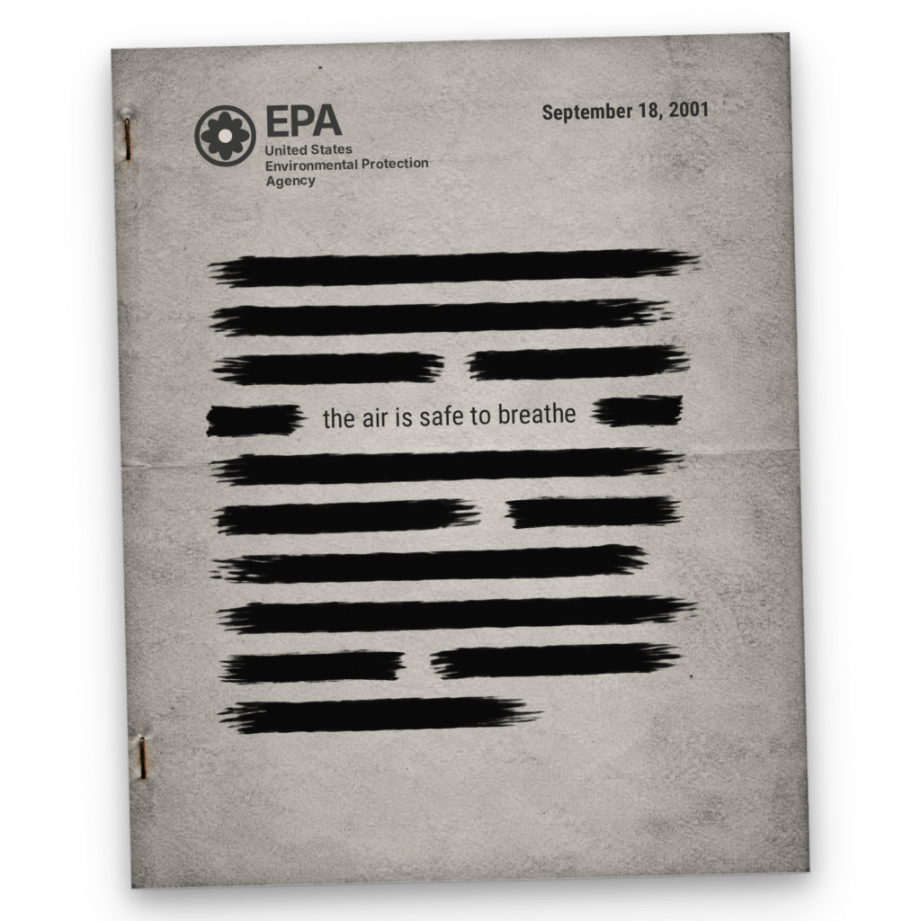 Illustration of a heavily redacted document from the EPA, United States Environmental Protection Agency, dated September 18, 2001, with only the words the air is safe to breathe left unredacted